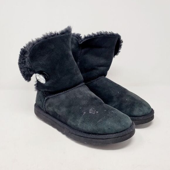UGG Bailey Button Bling Boots Womens 7 Black Suede Sheepskin Lined Shoes WORN - Picture 2 of 13